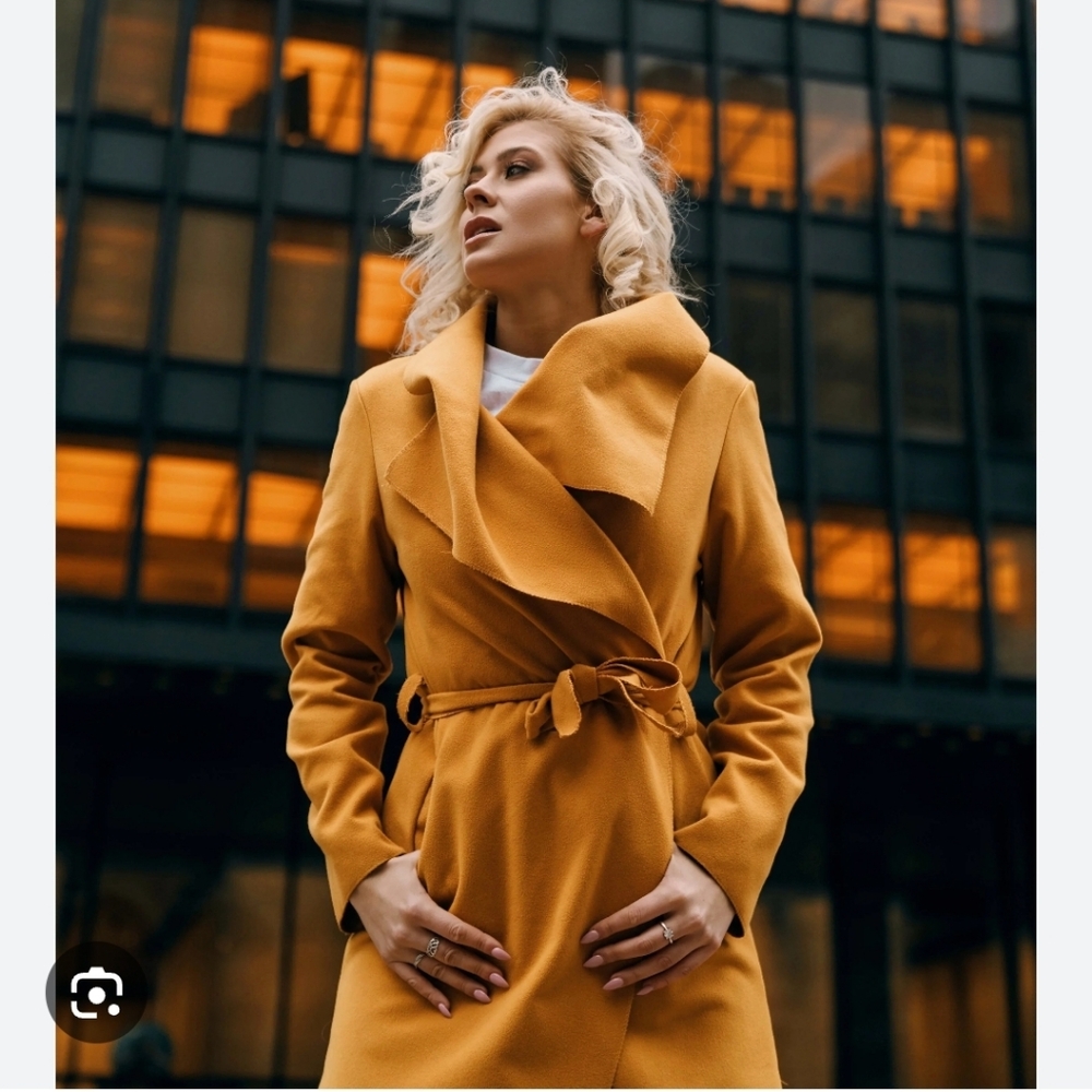 Tahari Mustard Wrap Trench Coat with Self-Tie Belt